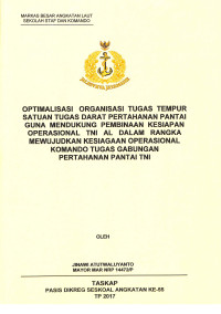 Optimalisasi organisasi tugas tempur satuan tugas darat pertahanan pantai guna mendukung pembinaan kesiapan operasional TNI AL dalam rangka mewujudkan kesiagaan operasional komando tugas gabungan pertahanan pantai TNI